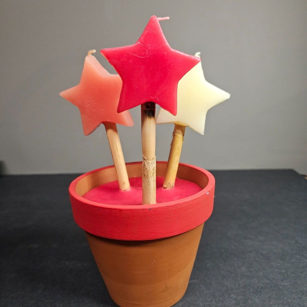 Star Candles in Terra Cotta Pot Vtg 1990s Red Orange Yellow New Unused